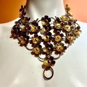 Vintage Arts & Crafts Brass Copper Waterfall Bib Chainmail Flower Necklace